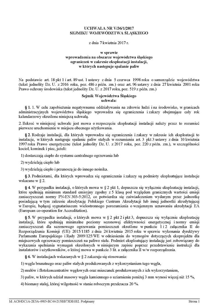 Uchwała antysmogowa Sejmiku Województwa Śląskiego z dnia 7 kwietnia 2017 roku (strona 1)